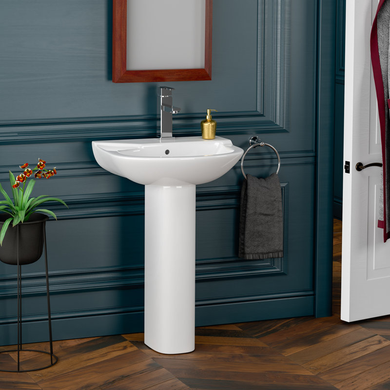 Lavabo de salle de bain piédestal en U en porcelaine vitreuse blanche et trop-plein Anabel, H 33,25 po x l 20,5 po x L 25 po