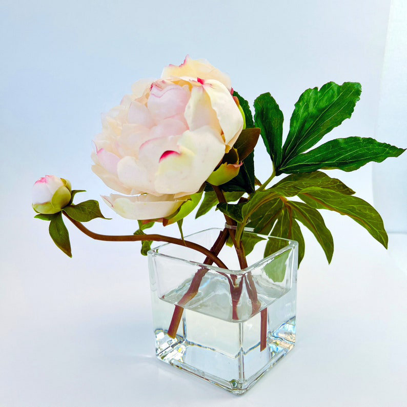 Light Pink Silk Peony Arrangement in Glass Vase with Acrylic Water