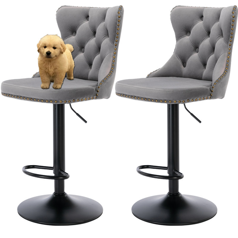 Modern Velvet Swivel Adjusatble Height Bar Stools Set of 2, Gray