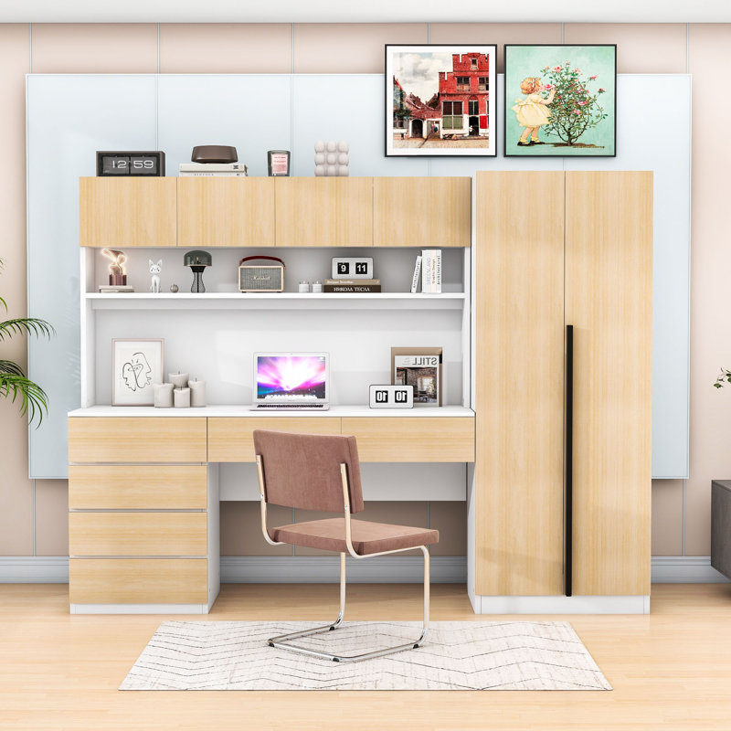 Wooden Freestanding Wardrobe and Desk Combo with Ample Storage for Small Spaces, Natural