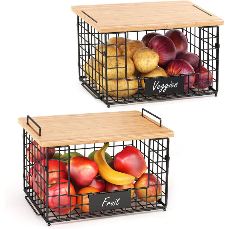 Ensemble de 2 paniers en fil de fer empilables avec dessus en bambou pour garde-manger et rangement, bacs de rangement pour comptoir de cuisine pour pommes de terre, oignons, fruits, légumes, fruits et légumes