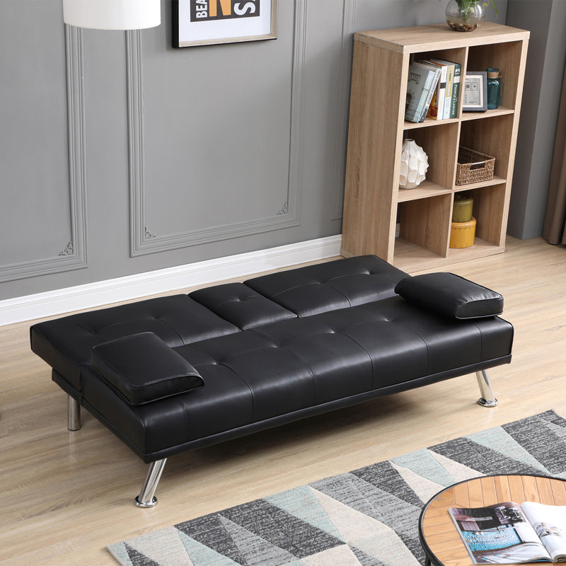 182*83*79cm, Sofa Bed with Cup Holder, Black Faux Leather