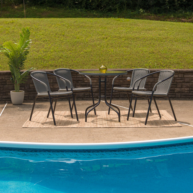 28'' Round Glass Table with Rattan Edging and 4 Rattan Stack Chairs, Grey