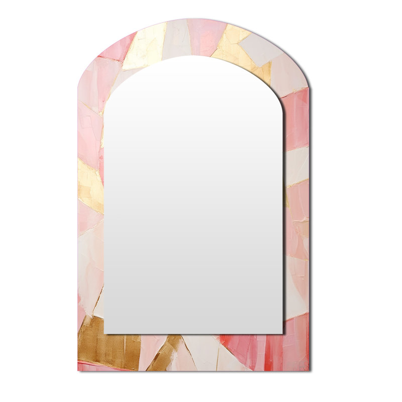Pink And Gold Tessellations I - Abstract Shapes Arch Wall Mirror, Gold Asymmetrical Decorative Mirror, Printed Metal Art