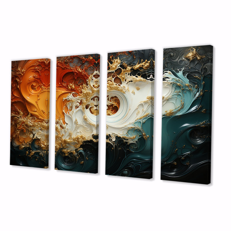 «Orange and Emerald Marble Lava VI», ensemble de 4 peintures murales abstraites, H 28 po x l 48 po