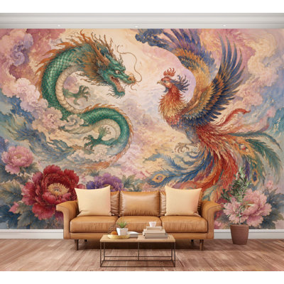 Wall Mural Peel and Stick Wallpaper Dragon Mythological Peonies Vibrant Oriental Fantasy Art Self-Adhesive Removable Contact Paper Wall Decor for Living Room Bedroom 100"H x 144"W