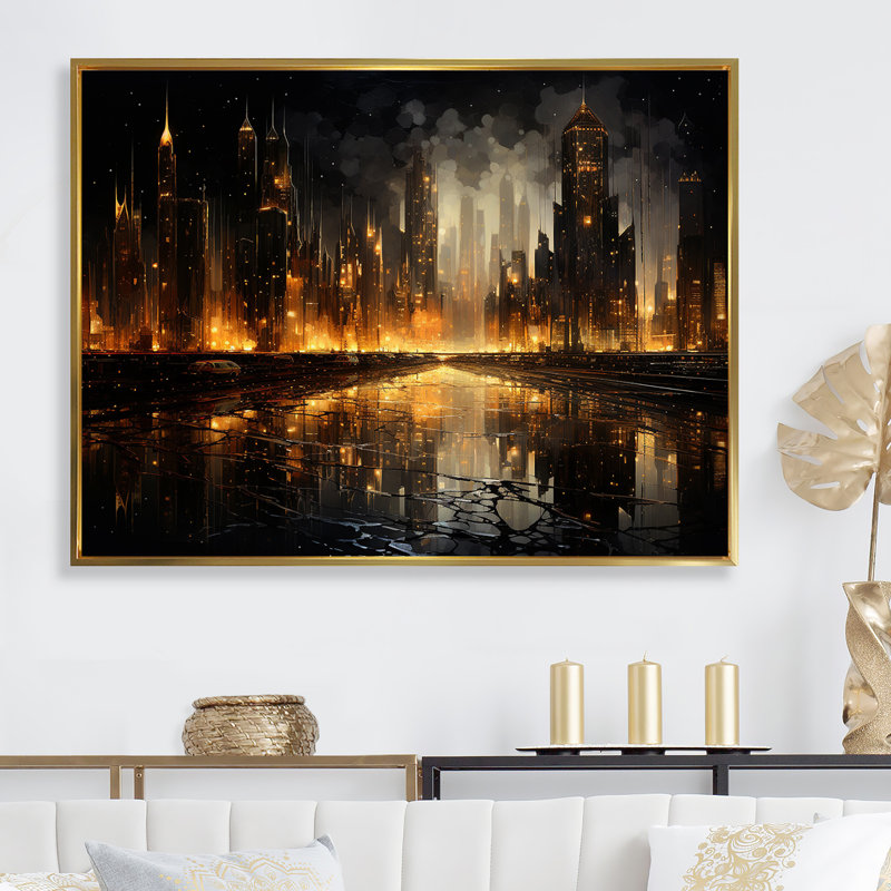Nyc Cityscape Night Noir sur toile, H 30 po x l 40 po x P 1,5 po, Cadre flottant doré