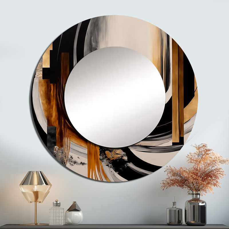 Pushapa Gold Touch Art Deco IV - grand miroir abstrait, miroir mural décoratif rond noir, impression d'art en métal