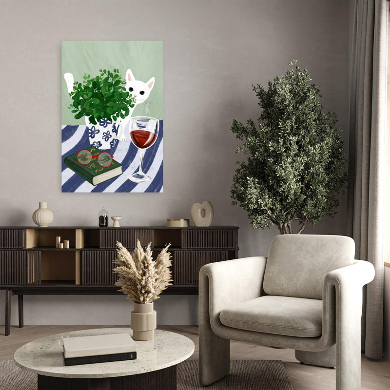 Cozy Cat, lecture, coin, chat, plante, art mural, H 36 po x l 24 po