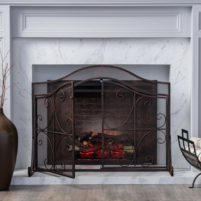 Accessoire de foyer moderne, fer, maille fine, H 32,32 po x l 43,25 po, portes à charnières noir mat