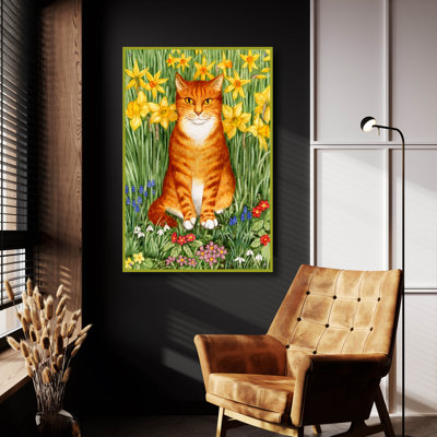  «Spring Ginger Cat With Green Border» par Gale Pitt, art mural en verre acrylique, 24 po x 36 po