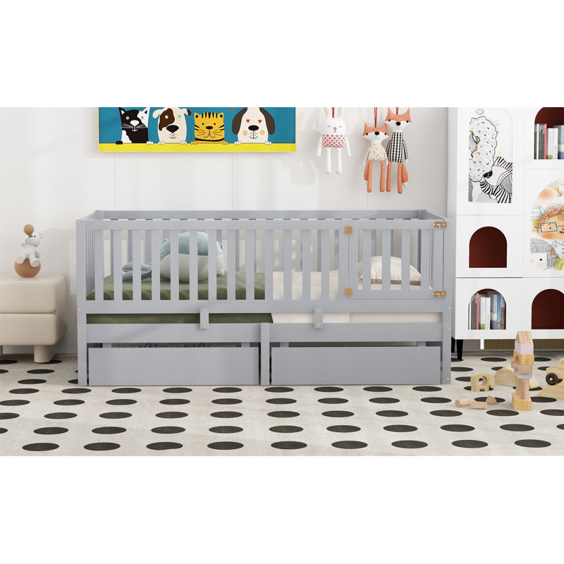 Wood Daybed With Fence Guardrails And 2 Drawers, Gray, Twin