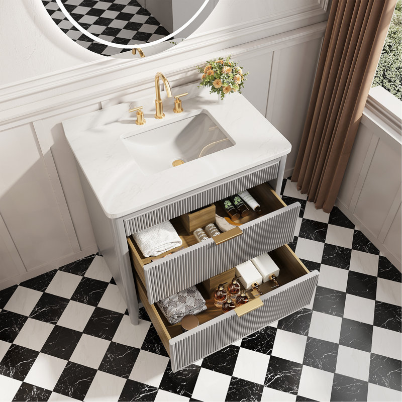 Fully Assembled 36" Grey Freestanding Single Sink Bathroom Vanity With 2 Handle Sets And Engineered Marble Top, Grey, 36"