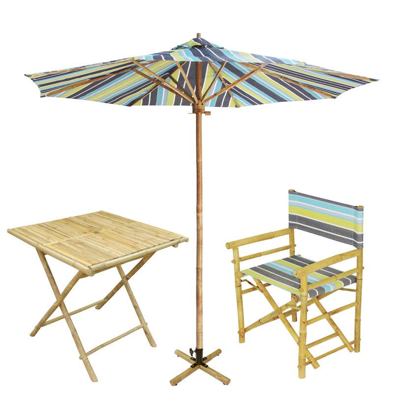 Ensemble repas 6 pièces avec parasol Sheila, Vert rayé