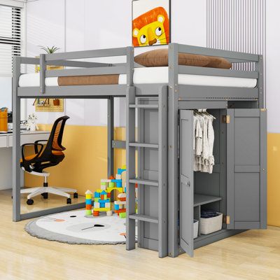 Wooden Full Loft Bed With Wardrobe, Led Light And Storage Shelves