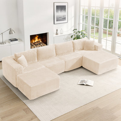 137" Cloud Couch For Living Room, Modular Sectional Sofa With Plush Corduroy U Shaped Big Comfy Upholstered Couches With Deep Seat, Compression Packaging & No Assembly Required