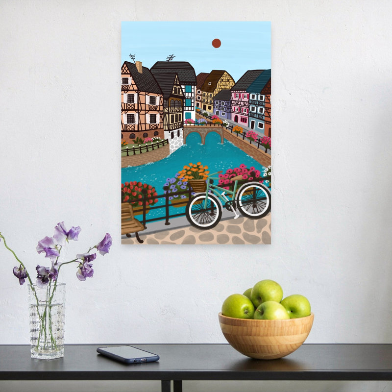 Charmante ville de canal colorée, paisible ville abstraite, impression d'art mural, 24" H x 16" W