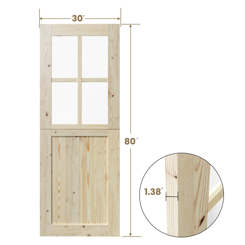 Drap de porte hollandais en verre massif et en bois massif 4 pièces avec quincaillerie non pré-suspendu, L 30 po x H 80 po