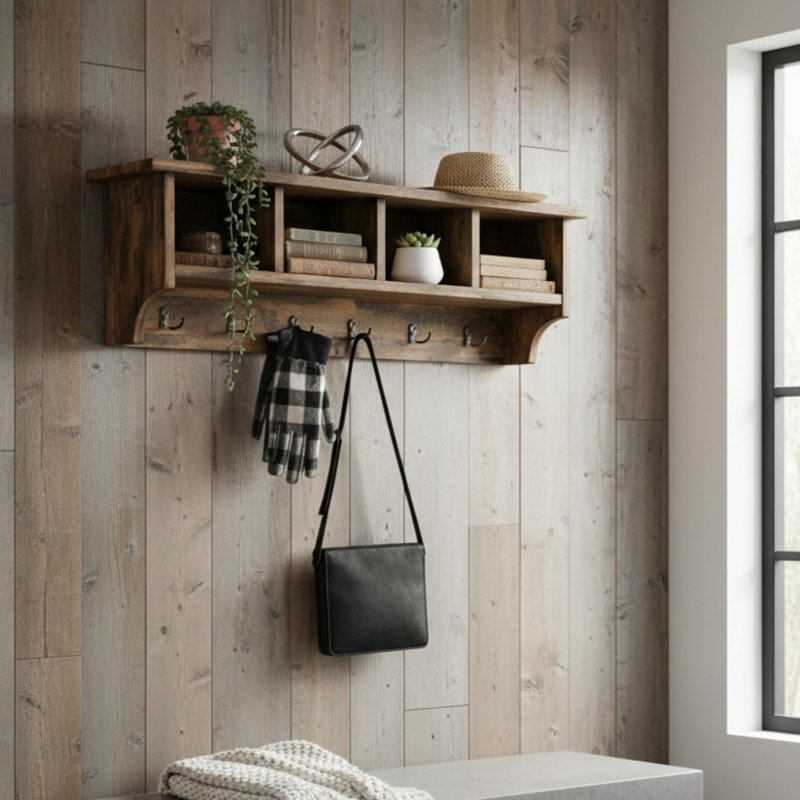 Portemanteau mural 48 po avec crochets et casiers de rangement Pomona, rustique naturel, Rustique naturel