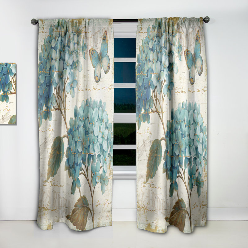 butterfly Blue Garden I - Floral Farmhouse Blackout Curtain Single Panel, 52" W x 95" L
