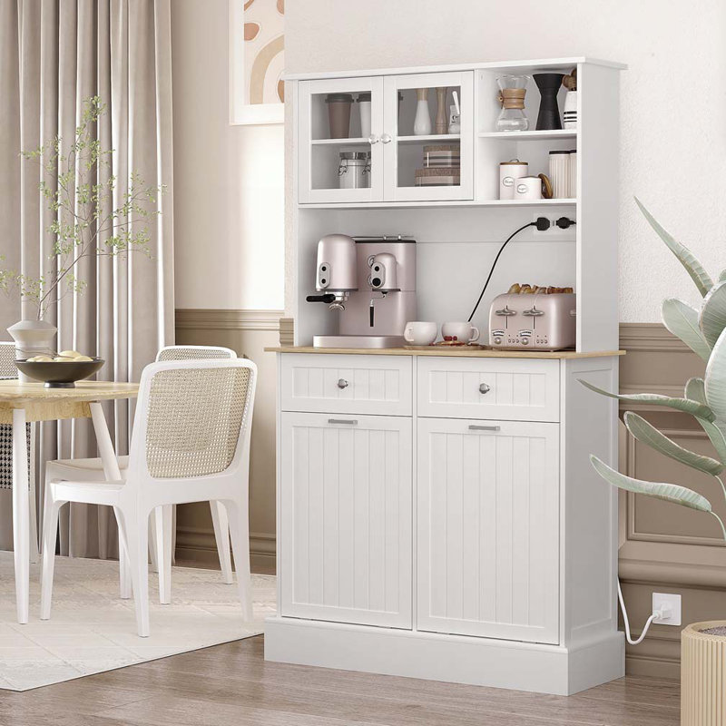 Armoire de rangement pour garde-manger 68 "avec station de charge, 2 armoires à ordures inclinables et support pour micro-ondes