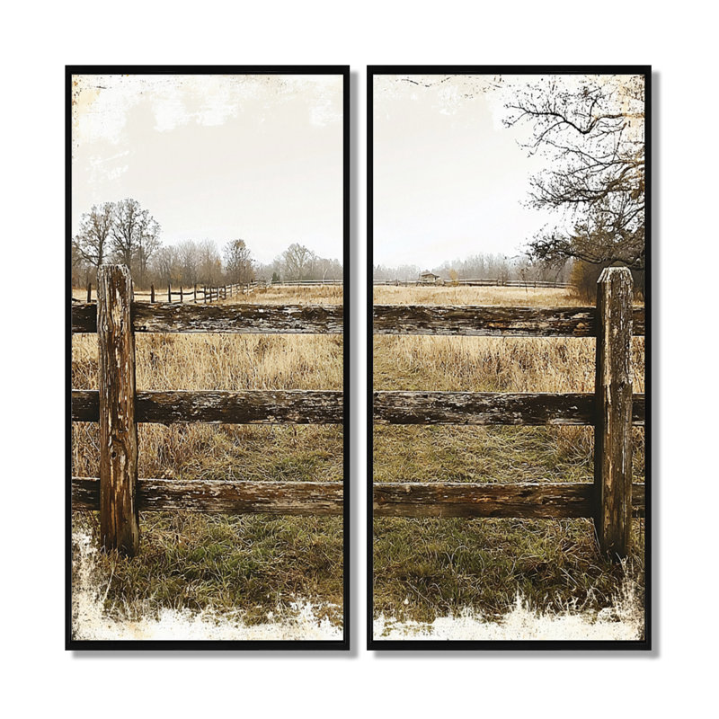 Gris et brun, ferme, paysage, clôture rustique, H 40 po x l 40 po, Cadre flottant, Noir