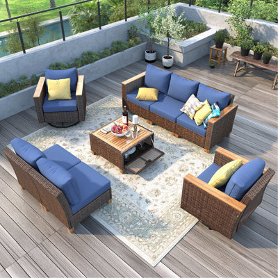 8-Piece Wicker Outdoor Patio Furniture Set With Thick Cushion, Rattan Patio Swivel Rocking Chairs Set Of 2 With Acacia Storage Table, Wicker Conversation Set For Outdoor Couch, Backyard