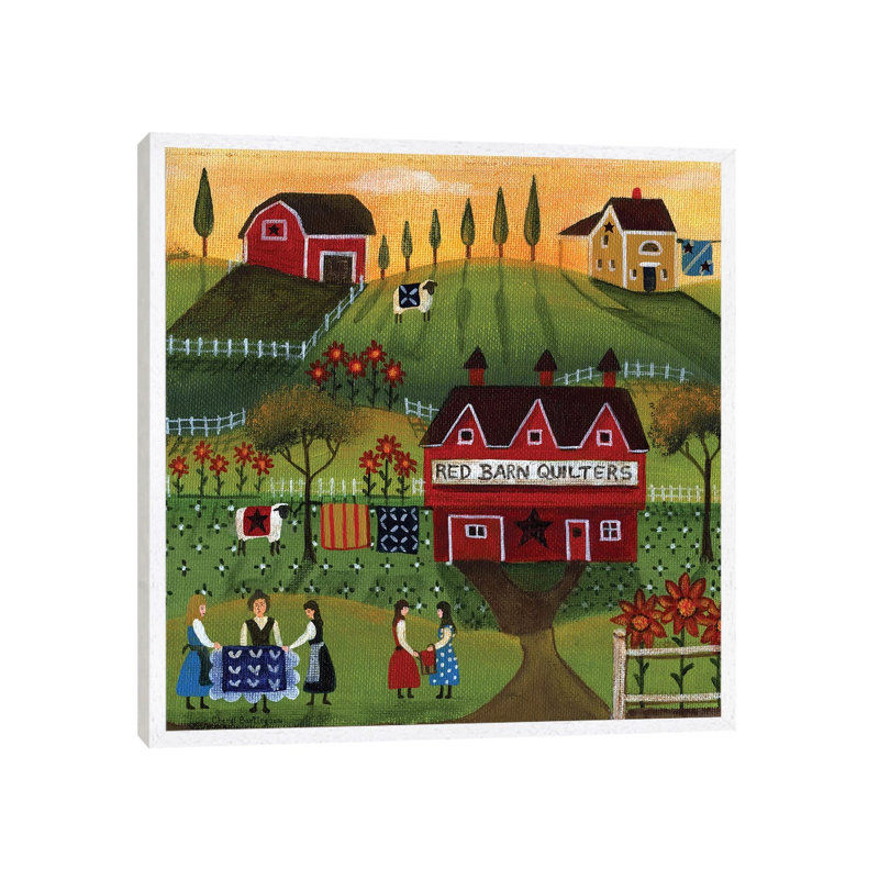 CBT195 Red Barn Quilters by Cheryl Bartley - Painting on Canvas, 45.72cm H x 45.72cm W x 3.81cm D, White Framed
