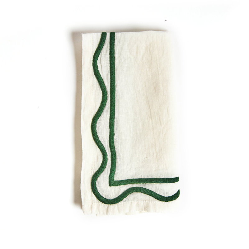 Colorblock Embroidered Linen Napkins, Dark Green