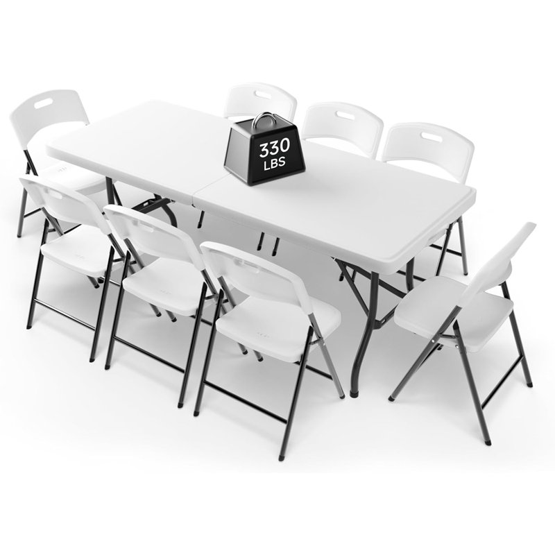 9 Piece 6-Foot Rectangular Folding Table and Chairs Set, Heavy Duty 330 lbs Table & 600 lbs Chairs Portable Folding Furniture Bundle for Indoor & Outdoor