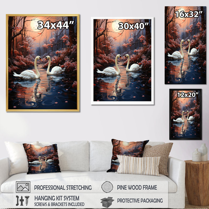 Cygnes et amour de cygne - Swans, Cadre simple argenté, H 44 po x l 34 po