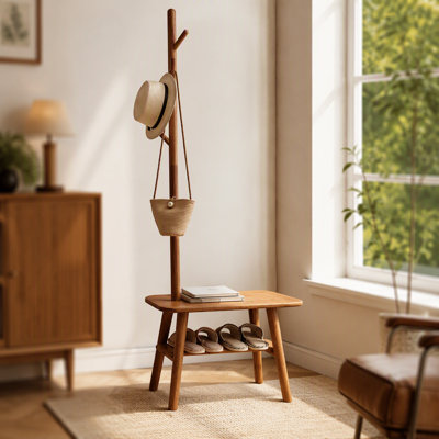 Natural Solid Wood Shoe Stool With Cloth Hanger, Mid-Century Modern Storage Bench for Entryway and Living Spaces