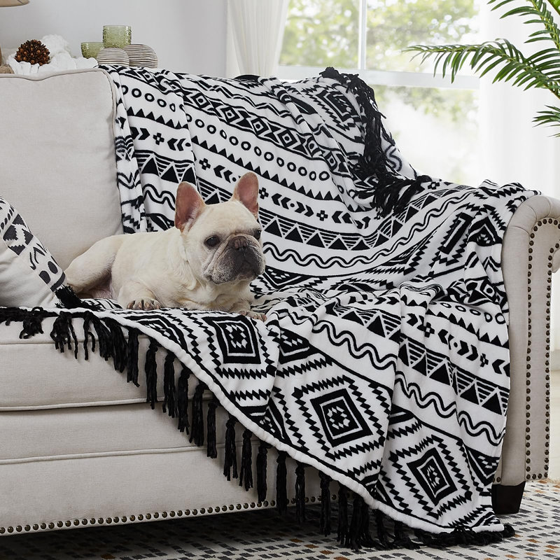 Jeté Boho - couvertures décoratives blanches avec pampille, couverture bohémienne en flanelle imprimée pour chaise, lit, canapé, canapé