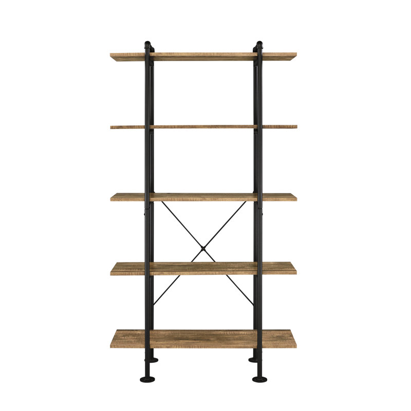 Rectangular Rustic Oak And Black 5-shelf Bookcase, Ideal For Displaying Books Collectibles Metal Base Enhances Bedroom Storage Style