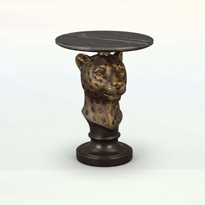 Leopard Head End Table With Lifelike Texture And Faux Marble Top, Perfect For Bold And Stylish Decor