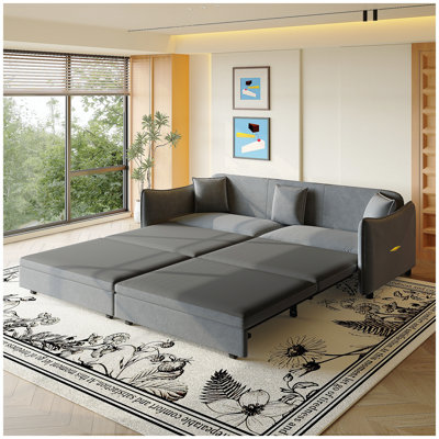 81.9" King Pull Out Sofa Bed,3-in-1 Convertible Sofa Bed with 3 Pillows & Golden Accent Detail Design, Modern Velvet 3-Seater Couch,for Small Space,Living Room,Apartment,Dark Grey