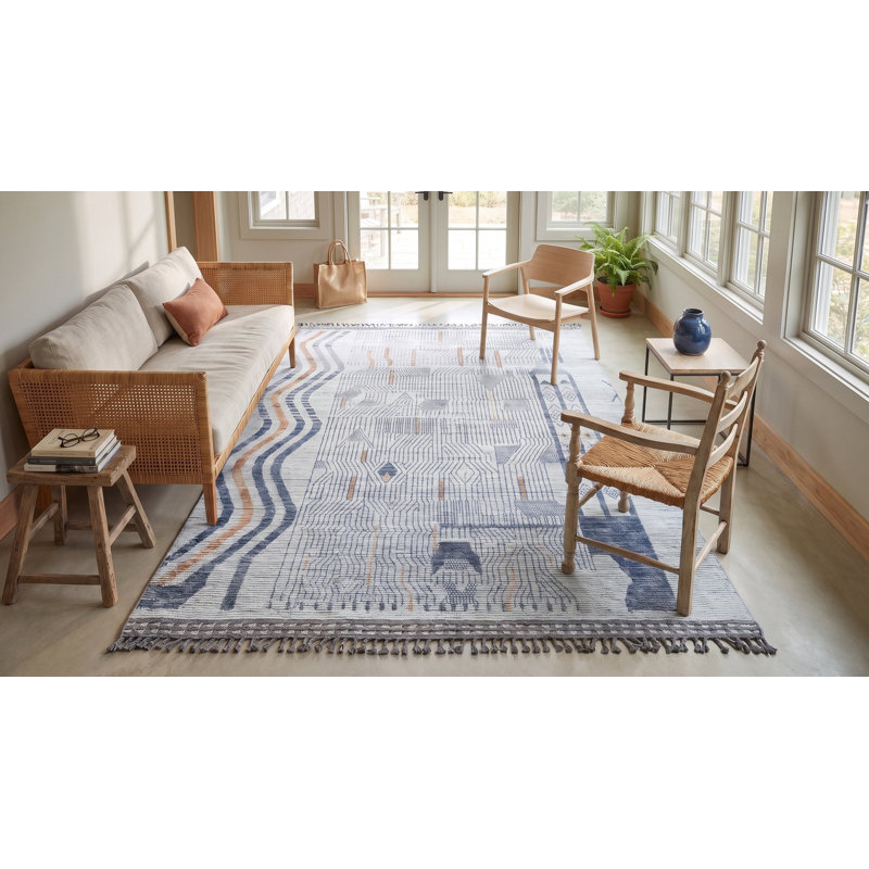 8x11 Ivory Hand-Knotted Wool Linear Maze Motif Tribal Modern Contemporary Carpet Rug
