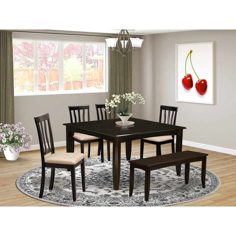 6 Piece Dining Set Contains a Square Dining Room Table with Butterfly Leaf and 4 Linen Fabric Kitchen Chairs with a Bench, Cappuccino