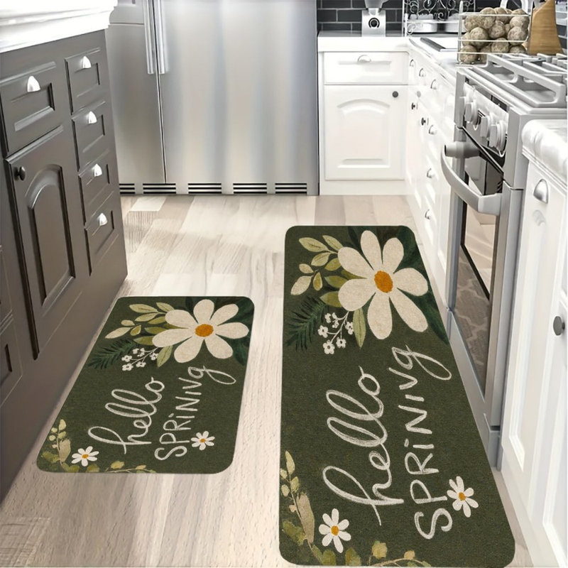 Tapis de cuisine à motif floral Hello Spring, vert et blanc, 2 pièces