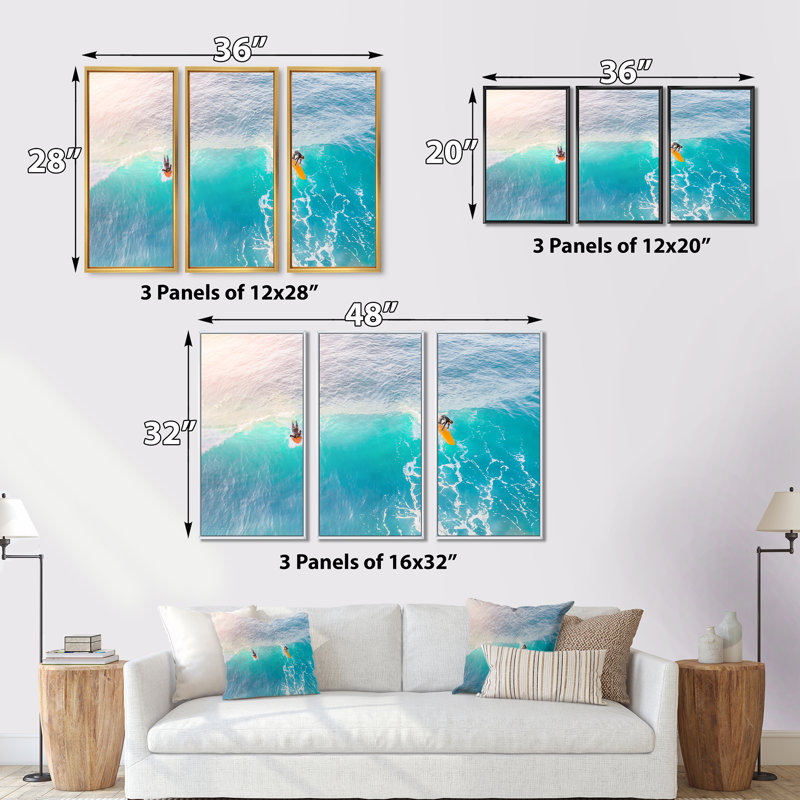 Surfers on A Bright Sunny Ocean Wave - Ensemble de 3 reproductions encadrées sur toile, H 28 po x l 36 po x P 1 po