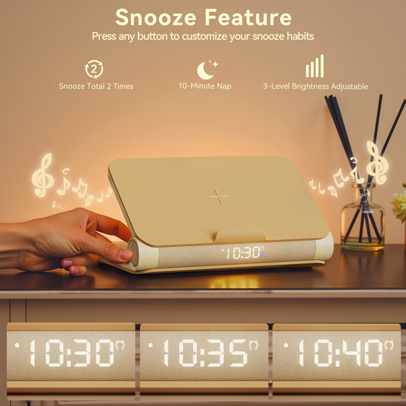 Réveil-matin Sunrise avec lampe de livre, chargeur sans fil, haut-parleur Bluetooth, lumière de réveil pour dormeurs lourds