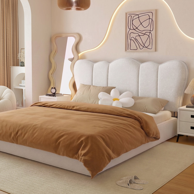 Fabric Upholstered Headboard Adjustable Height Modern Crown Bed Headboard For 8-14 Inch Mattress, Ivory, Queen