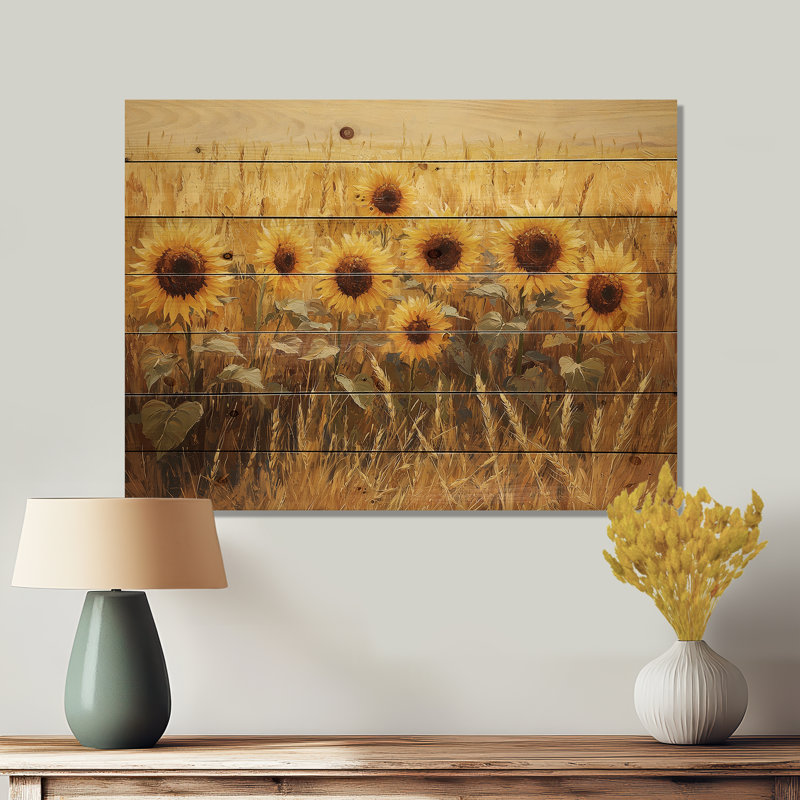 Barn Sunflowers In The Wheat Field I - Sunflowers Wood Wall Art - On Natural Pine Wood, 10" H x 20" W x 0.78" D