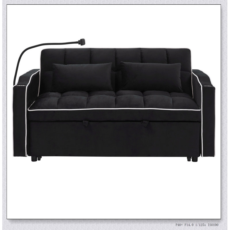 Canapé-lit pliable polyvalent de 55,51 po en 3 longueurs avec dossier réglable et port USB, Noir, noir, noir, noir