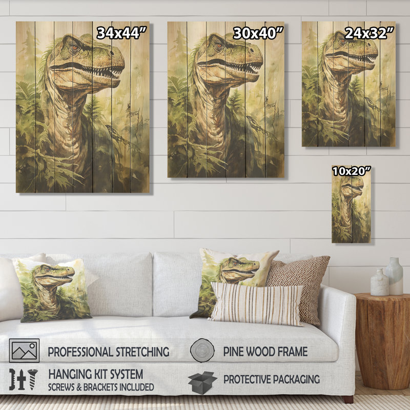 Velociraptor vert dans la jungle I - dinosaure sur bois, H 20 po x l 10 po