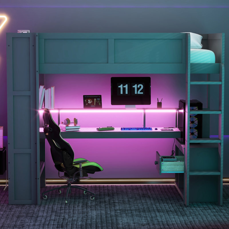 Wood Twin Gaming Loft Bed With Desk, Storage, Led Lights, Charging - Dark Gray Multiple Led, Plug
