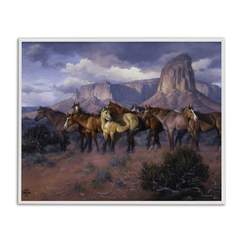 «Horse Herd in Canyon», art numérique par Jack Sorenson, H 11 po x l 14 po, Estampe numérique encadrée blanc bord de mer