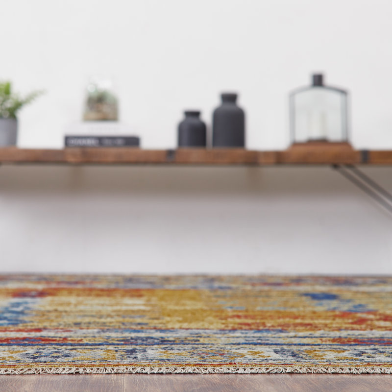 Zahara Hand Knotted Wool Area Rug in Saffron; Gold; Blue; Red, Rectangle 5' x 7'