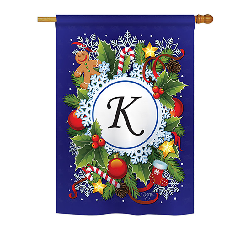 Drapeau de maison en polyester à 2 côtés winter monogramme, H 18,5 po x l 13 po, K