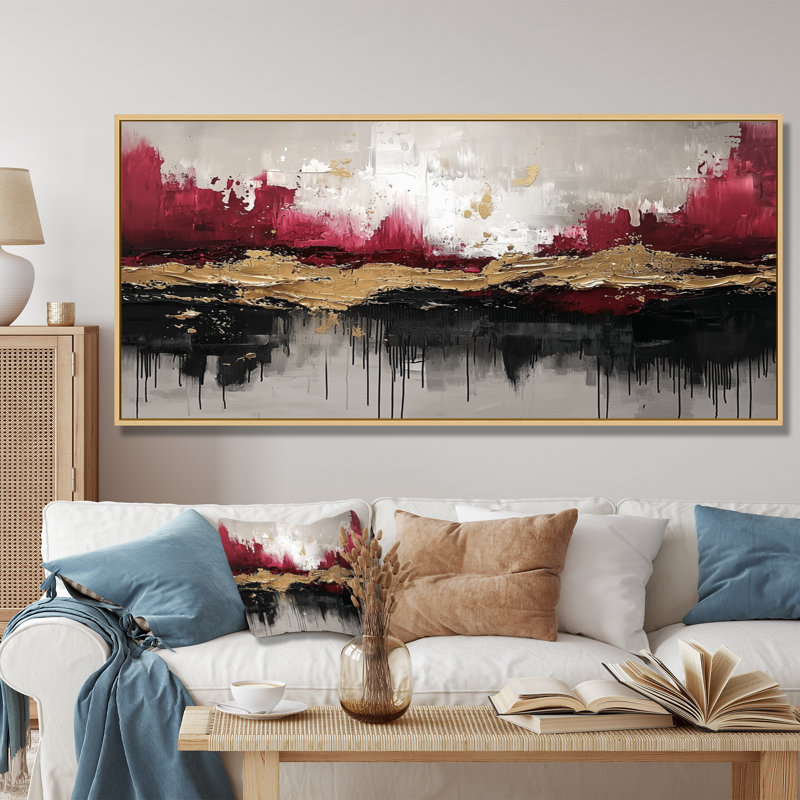 Nowshin Expressionism of Gold Pink Dark Fusion II - Neo-Expressionism Wall Art, H 28 po x l 60 po, Cadre flottant